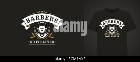 Elegantes Barber-Logo mit stilvollem Bart, Rasierern und Vintage-Typografie. Perfekt für Friseur-Branding oder T-Shirt-Prints. Vektorillustraten Stock Vektor