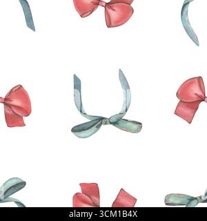 Nahtloses Muster mit blauen und roten Schleifen. Handgemalte Aquarellillustration isoliert auf weißem Hintergrund für den Druck auf Textil, Tapeten Stockfoto