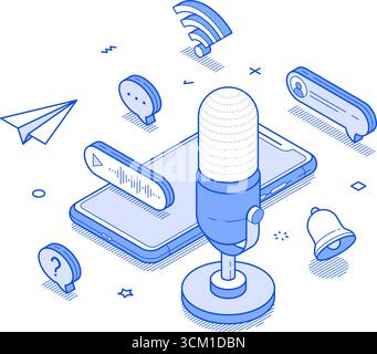 Audio-Podcast Online-Radio zeigen Interview Smartphone-Anwendung isometrische Vektorillustration. Internet-Multimedia-Inhalte Live-Übertragung Musik li Stock Vektor