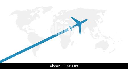 Reisen um die Welt - Air Transportation Vector Concept, Reisen mit dem Flugzeug - graue Weltkarte Kreatives Design mit hellblauem Symbol eines Flugzeugs Stock Vektor