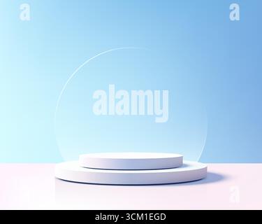 Ein sauberes weißes Podium mit pastellfarbenem Hintergrund und transparenter Kugel schafft eine moderne Präsentationsbühne, um Produkte in minimaler Optik zu präsentieren Stock Vektor