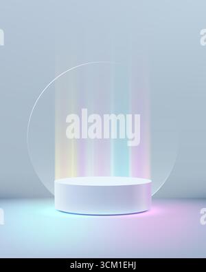 Das futuristische Podium leuchtet mit holografischem Neonlicht und einem transparenten Ring und schafft eine traumhafte Sci fi-Präsentation, die ideal für moderne Produktpräsentationen und -Präsentationen ist Stock Vektor