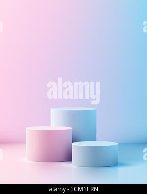 Zylindrisches Podium in 3D-Pastellfarben in Rosa und Blau in einem minimalistischen Studiohintergrund, entworfen für Produktpräsentationen mit sanfter Farbverlaufsbeleuchtung für b Stock Vektor