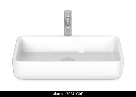 Modernes weißes quadratisches Waschbecken im Badezimmer mit silbernem Wasserhahn auf weißem Hintergrund Stockfoto
