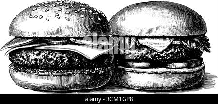 Detaillierte Skizze klassischer Hamburger mit Toppings für die Menügestaltung. Stock Vektor