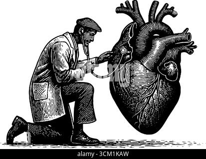 Vintage-Gravur des Arztes, der das Riesenherz untersucht - medizinische Konzeptillustration für Kartendesign. Stock Vektor
