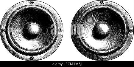 Vintage-Lautsprecher und Volume-Symbol mit detaillierten handgezeichneten Bildern für Retro-Design. Stock Vektor