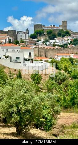 Auf einem Hügel gelegene Stadt Óbidos mit Burg von Óbidos, Portugal. Stockfoto