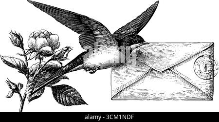 Vintage-Postkarte und Briefmarke mit Schwalbe- und Rosenillustration. Stock Vektor