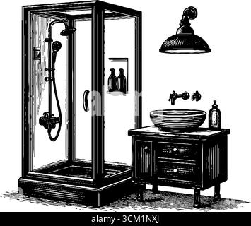 Vintage-Gravur einer modernen Badezimmerszene mit Glasdusche und Waschbecken für Retro-Design. Stock Vektor