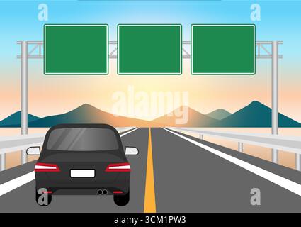 Auto auf Highway oder Asphalt Road mit Verkehrsschild. Vektorabbildung. Stock Vektor