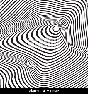 Psychedelische Muster mit kurvigen konzentrischen schwarz-weißen Kreisen. Hypnotische optische Illusion. Abstraktes Hintergrundbild. Gewelltes Streifenmuster. Hypnotherapie oder Stock Vektor
