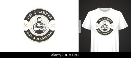 Lustiges Barbershop-Abzeichen mit selbstbewusster männlicher Figur, auffälligem humorvollem Satz und Schere-Symbol, ideal für Retro-Kleidung und Vintage-Hemden. Vektor i Stock Vektor