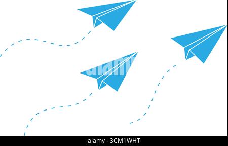 Hellblaue Papierflugzeuge fliegen mit gestrichelten Pfaden. Vektor für verspielten Flug in Bewegung Stock Vektor