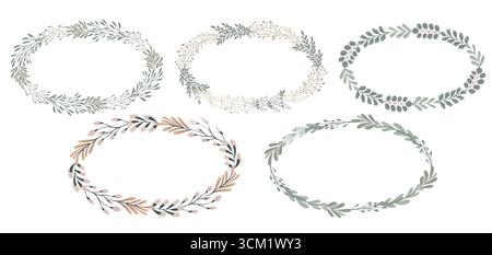 Vektor-Set von eleganten Blumenkränzen in Pastellfarben. Perfekt für Hochzeitseinladungen, Grußkarten, Branding und Dekoration. Minimalistische Botanik Stock Vektor