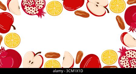 Grenzrahmen für jüdische Feiertage mit Apfel, Granatapfel, Zitronendaten auf weißem Hintergrund in flachem Stil. Stock Vektor