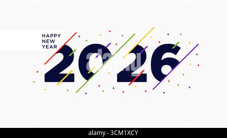 Minimalistisches „Happy New Year 2026“-Begrüßungsdesign mit auffälligen Zahlen, bunten Linien und festlichen Konfetti-Elementen, Vektorillustration Stock Vektor