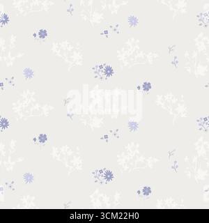 Blumenmuster cremevioletter Hintergrund mit Wiesenblumen. Violetter Hintergrund des Bauernhauses und kleine Blumensträucher im großmillenischen Stil Stock Vektor