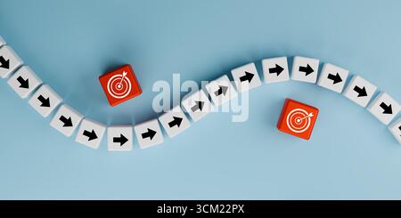 Geschäftsstrategie und Zielerreichungskonzept mit Pfeilen, die auf Zielsymbole zeigen und Innovation, Führung, Entscheidungsfindung und Leitung symbolisieren Stockfoto