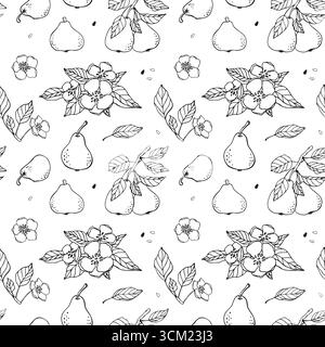Schönes florales nahtloses Muster mit Birnen und Früchten. Handgezeichnete Kritzelei. Für Verpackung, Geschenkpapier, Küchendesign, Lebensmittelhintergrund. Schwarz Stock Vektor