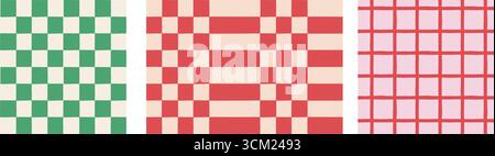 Weihnachtsmuster-Set. Fröhliche Weihnachtshintergründe, nahtlose Muster. Kariertes Muster. Rote, grüne und rosafarbene Weihnachtsfarben Stock Vektor