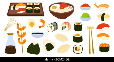 Eine Auswahl an Sushi- und Sashimi-Sorten wird präsentiert, mit farbenfrohen Meeresfrüchten, Reis, Gemüse und Gewürzen. Das Arrangement umfasst Intri Stock Vektor