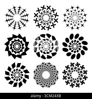Satz abstrakter Spiralmandala-Elemente. Kreisförmige Vektorformen. Dieses Set ist ideal für Designer, die einzigartige, von Mandala inspirierte Kreismuster suchen. Stock Vektor