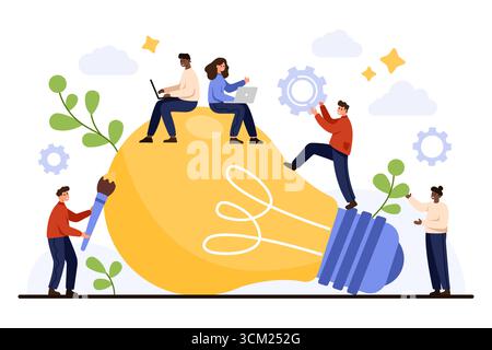 Eine Gruppe unterschiedlicher Mitarbeiter arbeitet mit Laptops, Werkzeugen und Designelementen zusammen, um eine riesige Glühbirne für Innovation zu nutzen. Steht für Teamarbeit, Kreativität und Problemlösung, Vektorillustration. Stock Vektor