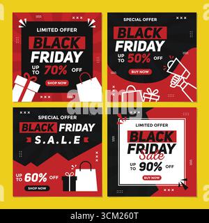 Auffälliges und modernes Black Friday-Werbebanner mit auffälligen Rot- und Schwarztönen, Shopping-Ikonen und dynamischen abstrakten Elementen, ideal für digitale Anzeigen. Stock Vektor