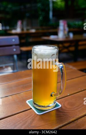 Bierkrug mit einem halben Liter oder einem Pint Pils in einem deutschen Biergarten Stockfoto