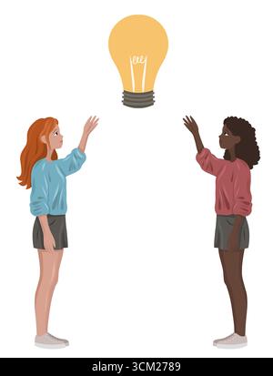 Vektorillustration von zwei Frauen, die nach einer Glühbirne greifen. Konzept von Kreativität, Ideen, Innovation, Teamwork. Ideal für Unternehmen, Bildung, Stock Vektor