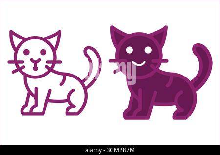Zwei stilisierte Katzen, eine umrissene und eine durchgehende lila isoliert auf transparentem Hintergrund Stock Vektor