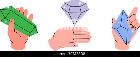 Der Handsatz hält Kristalle. Mehrfarbige Kristalle. Mystische, esoterische, magische oder heilende Kristalle. Vektorabbildung. Stock Vektor