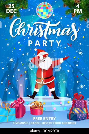 Weihnachtsfeier-Flyer mit Weihnachtsmann tanzt auf der Bühnenszene mit Discoball, Cartoon-Vektor. Weihnachtsfeier und Unterhaltung sogar Einladungsflyer mit lustigem Weihnachtsmann, Neujahrsgeschenken und Tänzern Silhouette Stock Vektor