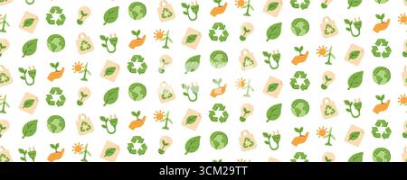 Nahtloses Öko-Muster mit grüner Erde, Recycling-Schild, Spross, Blatt, Glühbirne, Windkraftanlage und Öko-Tasche. Ökologische Hintergründe für Nachhaltigkeit Stock Vektor