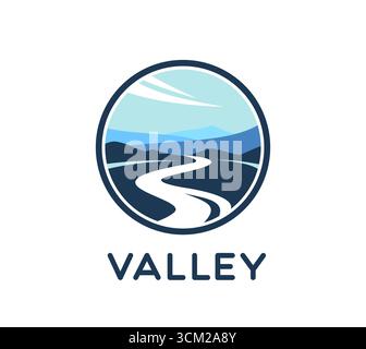 Gebirgsfluss und Tal Symbol der Naturlandschaft für Reisen oder Landwirtschaft, Vektor-Emblem. Fluss fließt in Bergtal oder Felder mit Himmel und Wolken Silhouette in rundem Schild für das Unternehmen Business Icon Stock Vektor