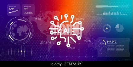 Die digitale High-Tech-Dashboard-Weltkarte mit KI-Symbol und einer kreisförmigen Kopfabbildung symbolisiert künstliche Intelligenz, maschinelles Lernen Stock Vektor