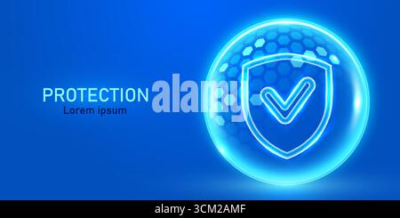 Transparenter 3D-Kugelschutz mit Sechskantmuster und Neon-Leuchtelementen. Energieschranke, Kraftfeld, Schutz- oder Verteidigungskonzept. Vektorabbildung Stock Vektor