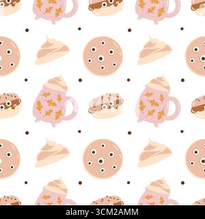 Nahtloses Muster mit Halloween-Süßigkeiten. Hintergrund mit Halloween-Süßigkeiten und Leckereien. Becher, Kekse, andere Süßigkeiten in Pastelltönen auf weißem Hintergrund. Vektorabbildung. Stock Vektor