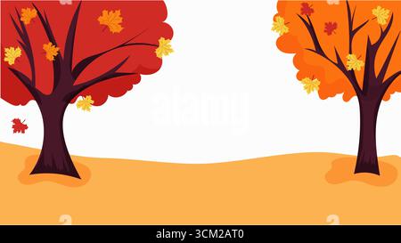Herbstlandschaft mit gelbem Grund, orange und rote Bäume mit herabfallenden Blättern. Vektorhintergrund für saisonale Designs Stock Vektor