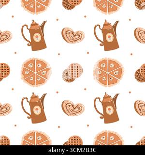 Vektor nahtloses Muster von Kürbiskuchen für Thanksgiving mit Waffeln, Retro-Teekanne und Gebäck. Herbstmuster. Herbstbacken. Hintergrund für Tapeten, Verpackungen, Geschenkpapier. Vektorillustration auf weißem Hintergrund. Stock Vektor