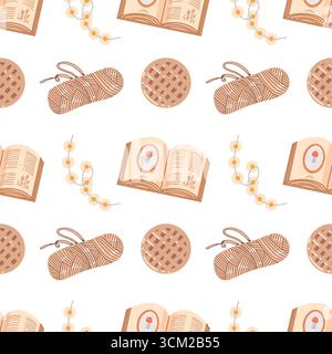 Warme, gemütliche Atmosphäre mit nahtlosem Herbstmuster. Garland, Garn, Bücher, Waffeln auf weißem Hintergrund. Farbenfroher Hintergrund mit Herbstelementen und Attributen. Niedliches Muster mit Herbststimmung für Textilien, Verpackungen, Tapeten, Design, in Vektorgrafiken. Vektorabbildung. Stock Vektor