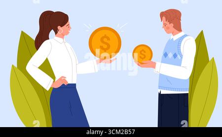 Geschäftsmann und Geschäftsfrau halten Münzen, die das Konzept der Gehaltsdifferenz zeigen, nützlich für Artikel über Lohnlücke, Einkommensungleichheit, Finanzen und Arbeitsplatzfragen Vektorillustration Stock Vektor