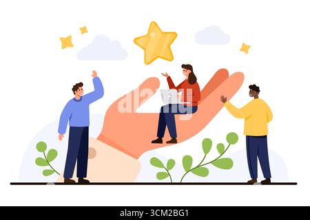 Geschäftliche Teamarbeit und Mitarbeiter unterstützen visuelle Darstellungen, die verschiedene Menschen zeigen, die zusammenarbeiten, einander helfen und Ziele erreichen, mit positiver Motivation isoliert auf weißem Hintergrund Vektorillustration Stock Vektor