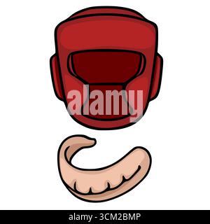 Eine Vektor-Illustration mit einem roten Boxhelm und einem beigefarbenen Mundschutz, dargestellt in einem einfachen Cartoonstil, perfekt für sportliche Designs. Stock Vektor