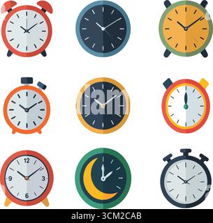 Flache Uhr und Wecksymbol in farbenfrohen Abbildungen Stock Vektor