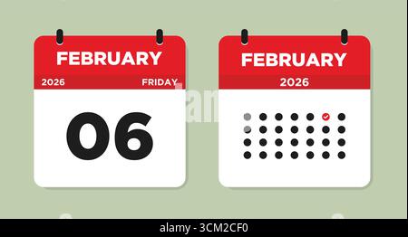 Februar 2026 Freitag Kalenderseite Vektor-Illustration. Kalenderseite für den 6. Februar. Tageskalender mit Datum 6. Februar. Die Woche beginnt am Sonntag. Stock Vektor