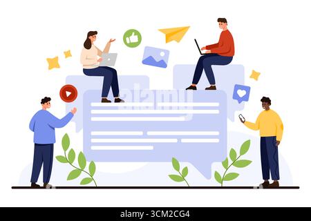 Gruppe von verschiedenen Personen, die Geräte für Online-Chat-Kommunikation verwenden, umgeben von Social-Media-Symbolen, Teamarbeit und digitalem Interaktionskonzept, isoliert auf weißem Hintergrund Vektorillustration Stock Vektor