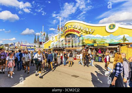 Besucher auf der Festwiese vor dem Festzelt Ochsenbraterei, Paulskirche im Hintergrund, Theresienwiese, Oktoberfest, München, Oberen Stockfoto