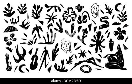Einfarbige abstrakte Elemente mit Figuren, Vögeln und Pflanzen. Vektor Stock Vektor